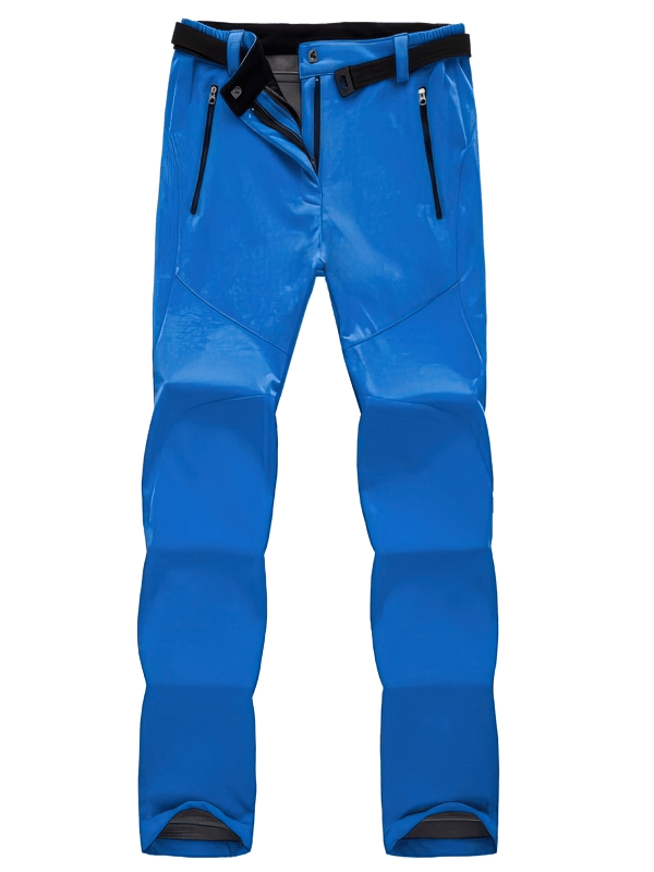 Blue women's waterproof sports pants with fleece lining, zipper fly, and adjustable waist, ideal for hiking and outdoor activities.